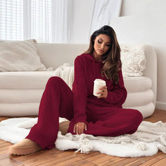 Solid Color Hooded Knitted Lounge Set for Women – Autumn Winter Two-Piece Outfit